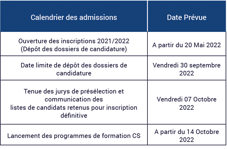 Calendrier des admissions,Date Pr vue,Ouverture des inscriptions 2021/2022 (D p t des dossiers de candidature),A part...