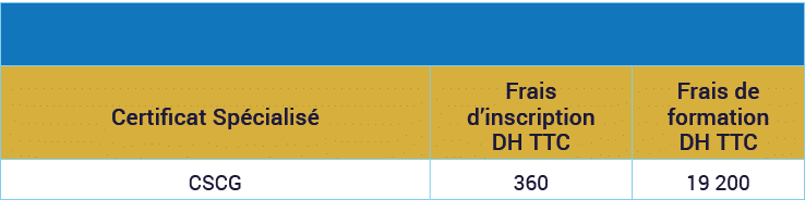,,,Certificat Sp cialis ,Frais d’inscription DH TTC,Frais de formation DH TTC,CSCG,360,19 200