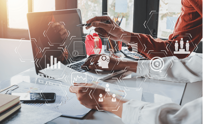 Business meeting time with virtual interface icons. Photo young account managers crew working with new startup project.