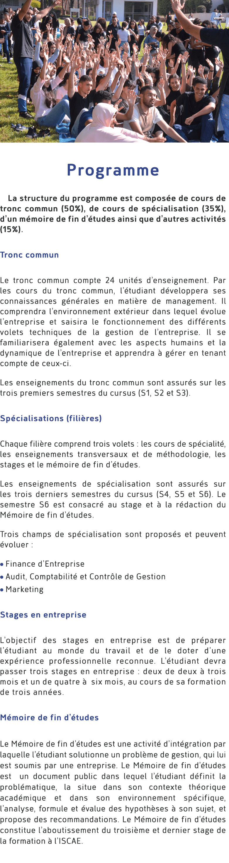 ￼ Programme La structure du programme est compos e de cours de tronc commun (50%), de cours de sp cialisation (35%), ...