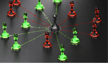 User persona, marketing concept. Red and green pawns with valid and broken links over black background. 3d illustration.