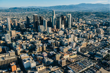 Aerial cityscape and skyscrapers, Los Angeles, California, USA