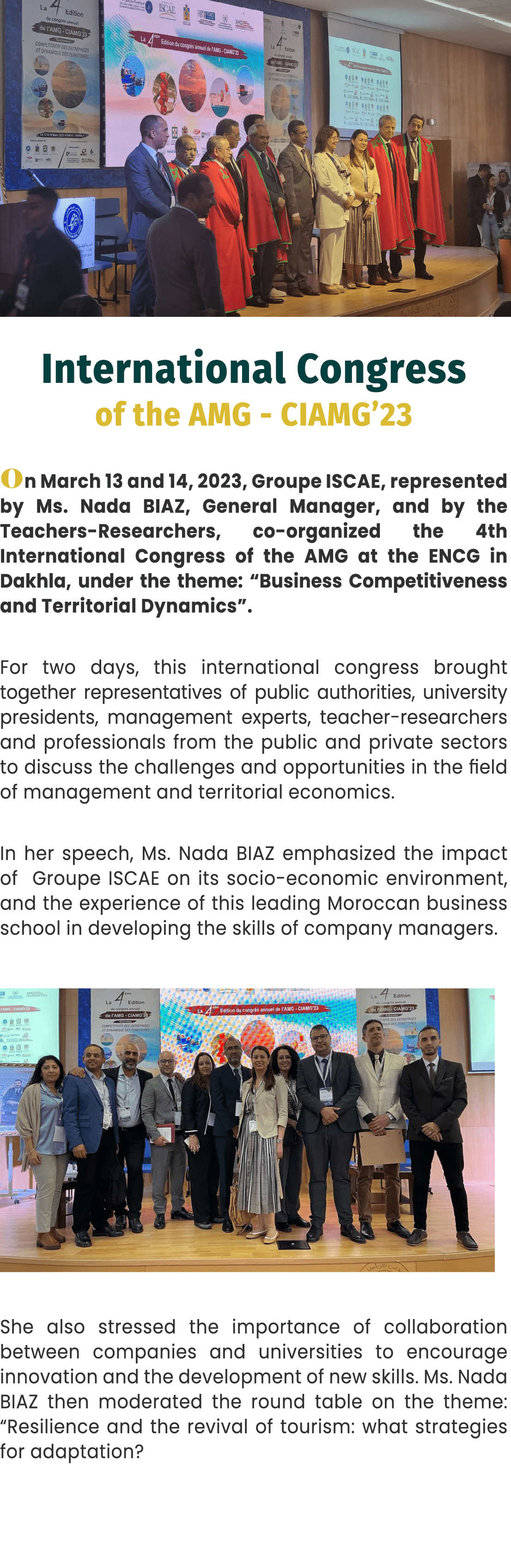 ￼ International Congress of the AMG CIAMG’23 On March 13 and 14, 2023, Groupe ISCAE, represented by Ms. Nada BIAZ, Ge...