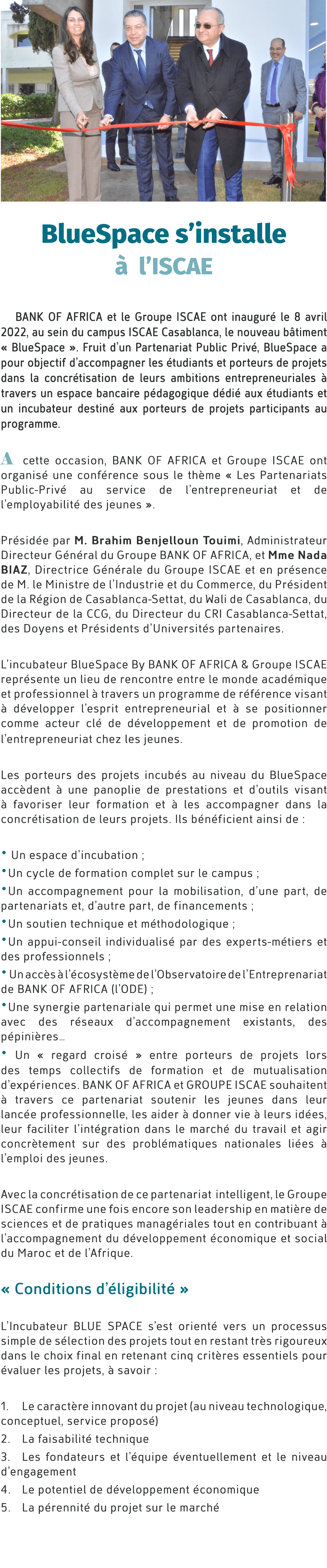 ￼ BlueSpace s’installe  l’ISCAE BANK OF AFRICA et le Groupe ISCAE ont inaugur  le 8 avril 2022, au sein du campus IS...