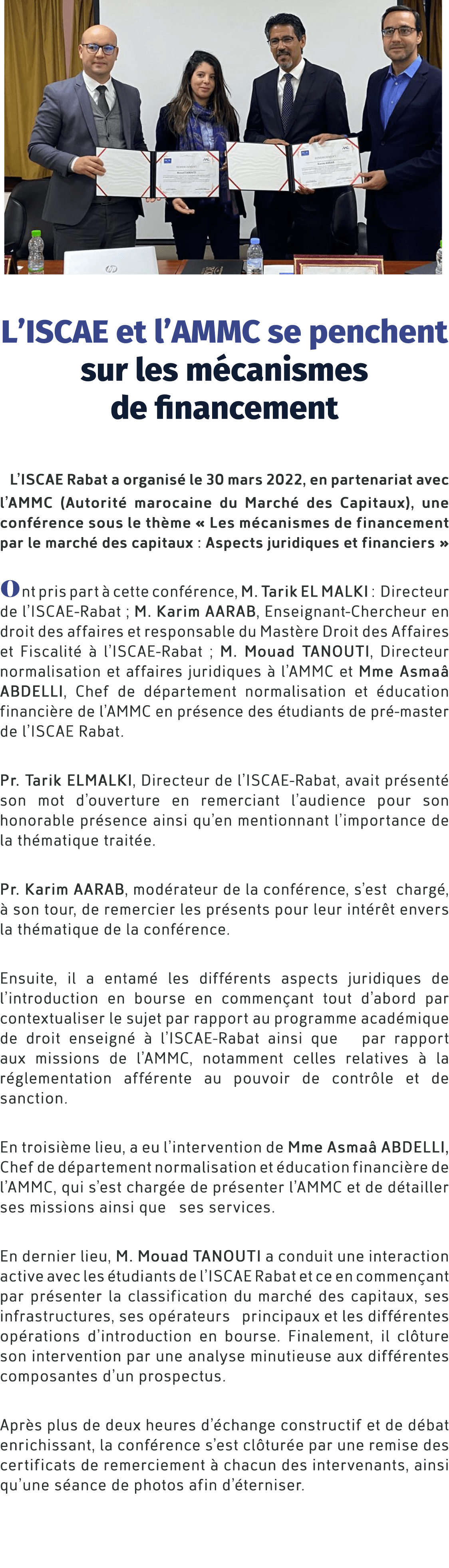 ￼ L’ISCAE et l’AMMC se penchent sur les m canismes de financement L’ISCAE Rabat a organis le 30 mars 2022, en parten...