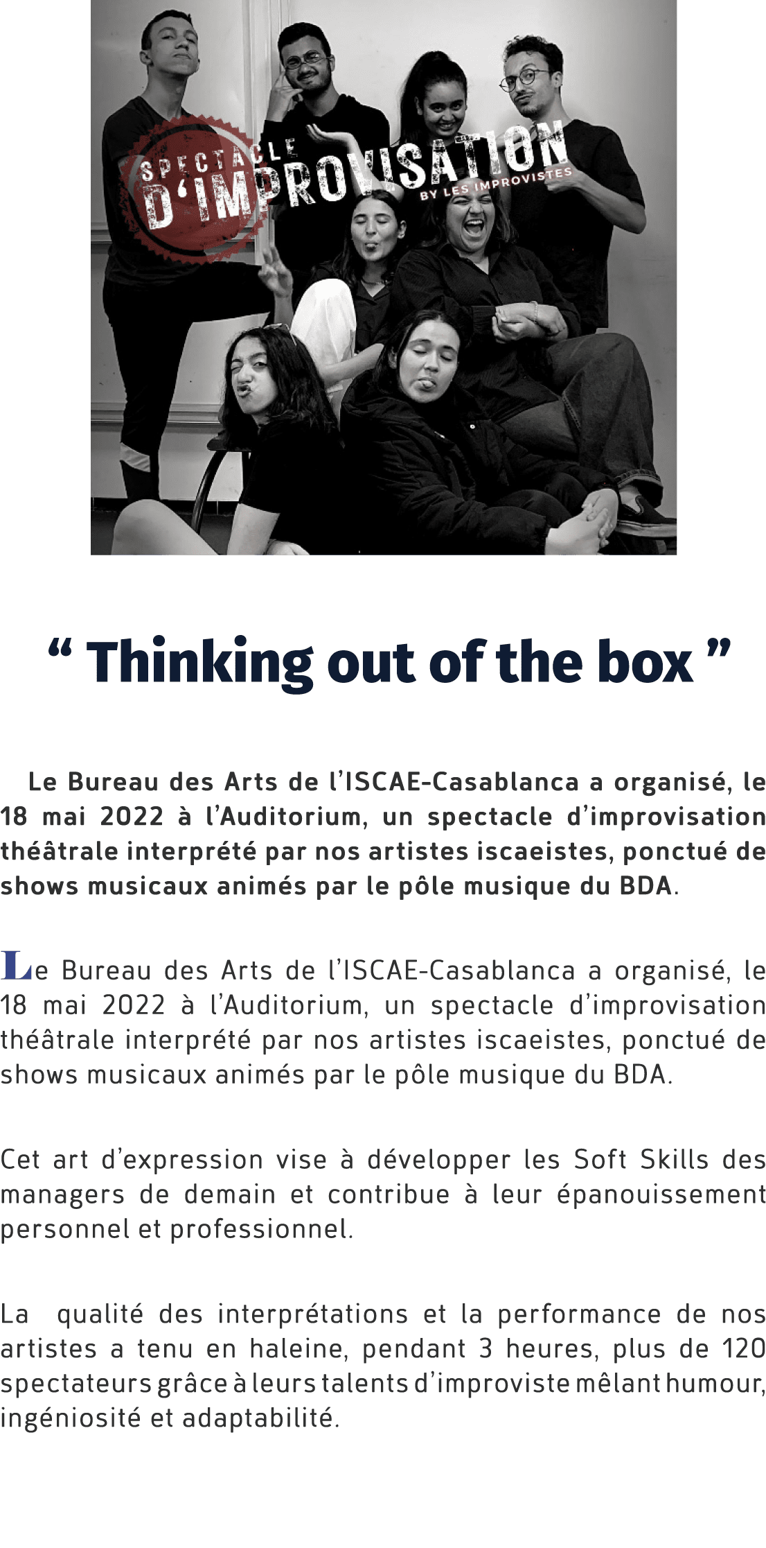 ￼ “ Thinking out of the box ” Le Bureau des Arts de l’ISCAE Casablanca a organis , le 18 mai 2022  l’Auditorium, un...