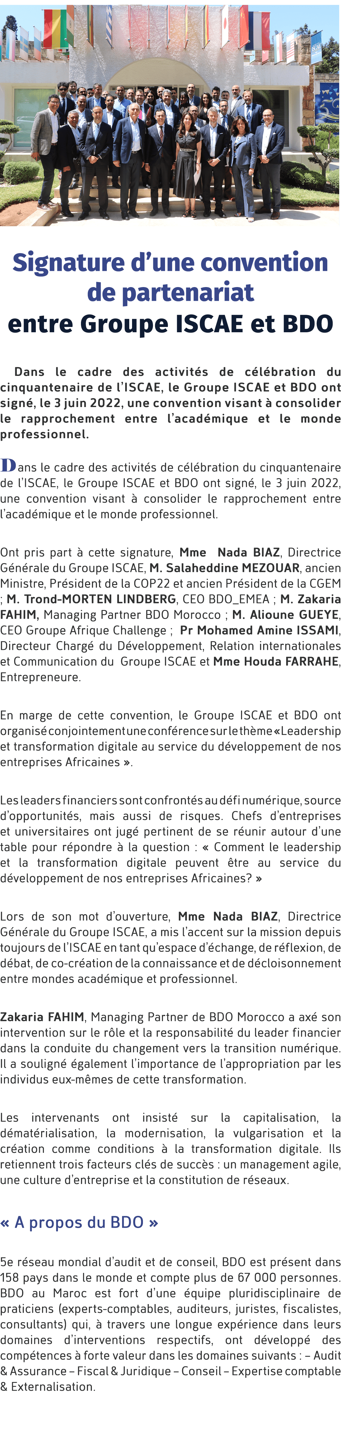  ￼ Signature d’une convention de partenariat entre Groupe ISCAE et BDO Dans le cadre des activit s de c l bration du ...