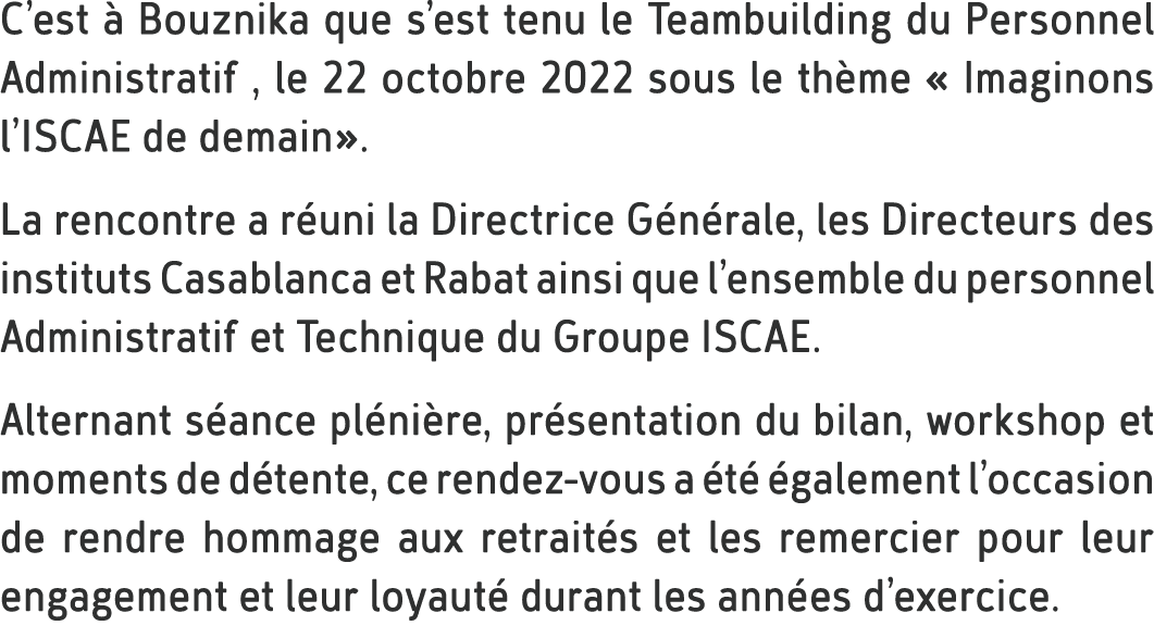 C’est  Bouznika que s’est tenu le Teambuilding du Personnel Administratif , le 22 octobre 2022 sous le th me « Imagi...