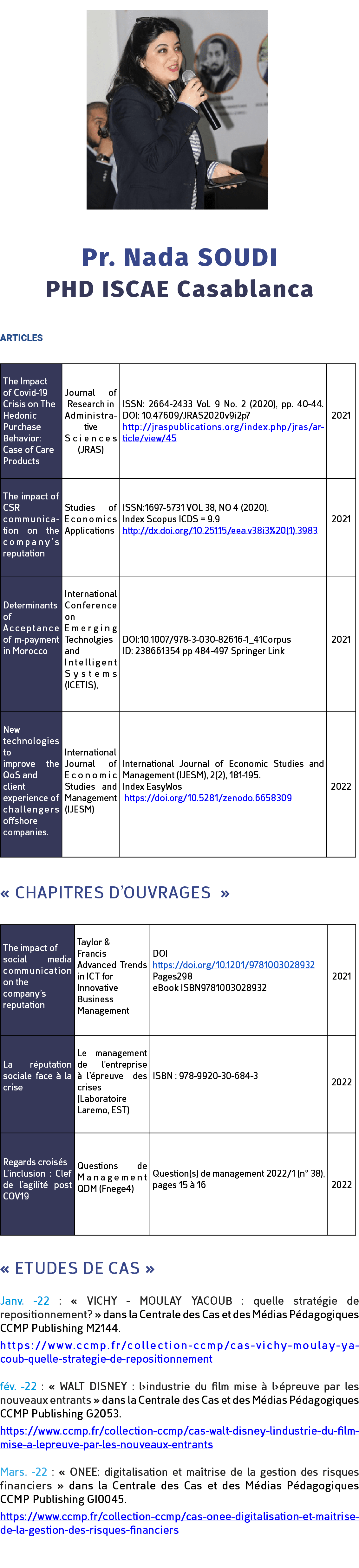 ￼ Pr. Nada SOUDI PHD ISCAE Casablanca ARTICLES « CHAPITRES D’OUVRAGES » « ETUDES DE CAS » Janv. 22 : « VICHY MOULAY Y...