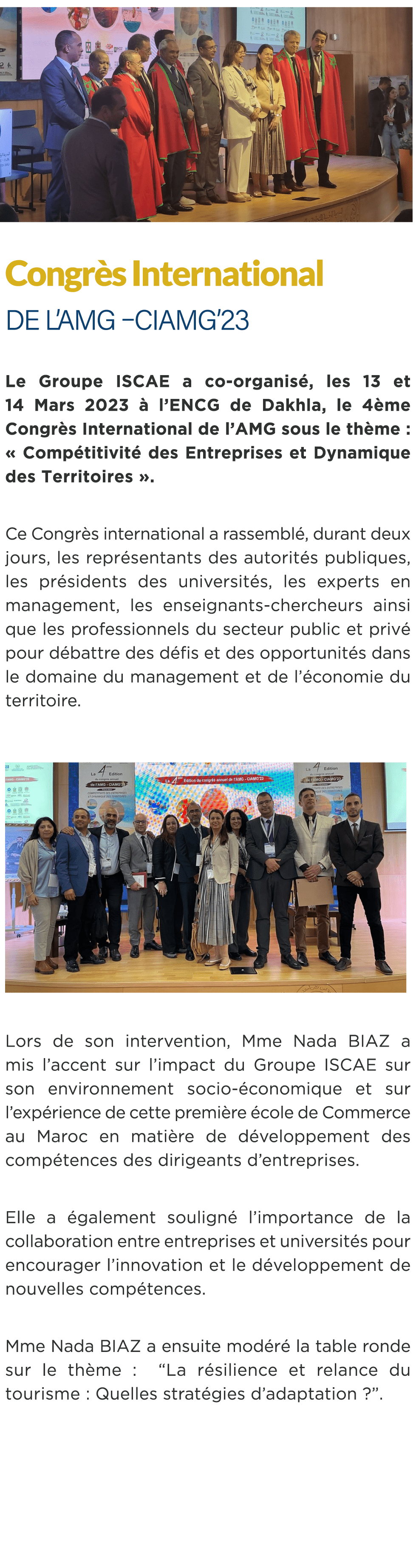 ￼ Congr s International de l’AMG –CIAMG’23 Le Groupe ISCAE a co organis , les 13 et 14 Mars 2023  l’ENCG de Dakhla,...