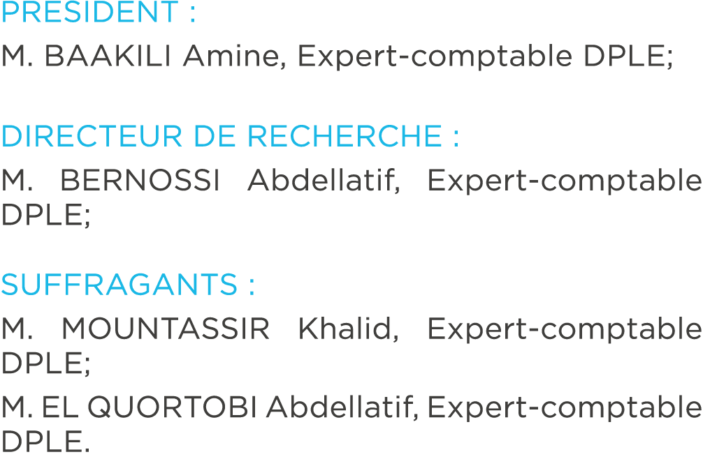 PRESIDENT : M. BAAKILI Amine, Expert comptable DPLE; DIRECTEUR DE RECHERCHE : M. BERNOSSI Abdellatif, Expert comptabl...