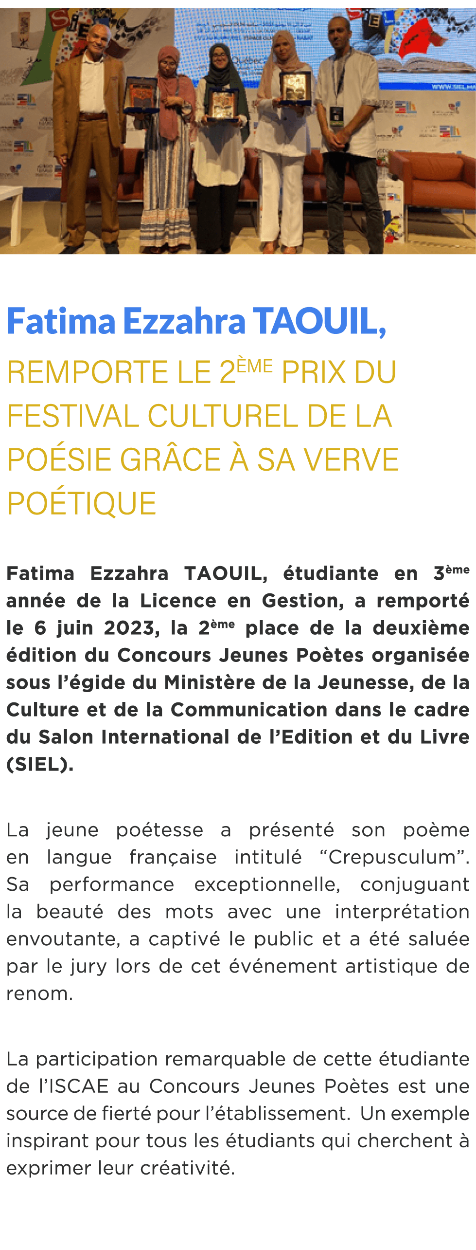  ￼ Fatima Ezzahra TAOUIL, remporte le 2 me prix du Festival Culturel de la Po sie gr ce  sa verve po tique Fatima Ez...