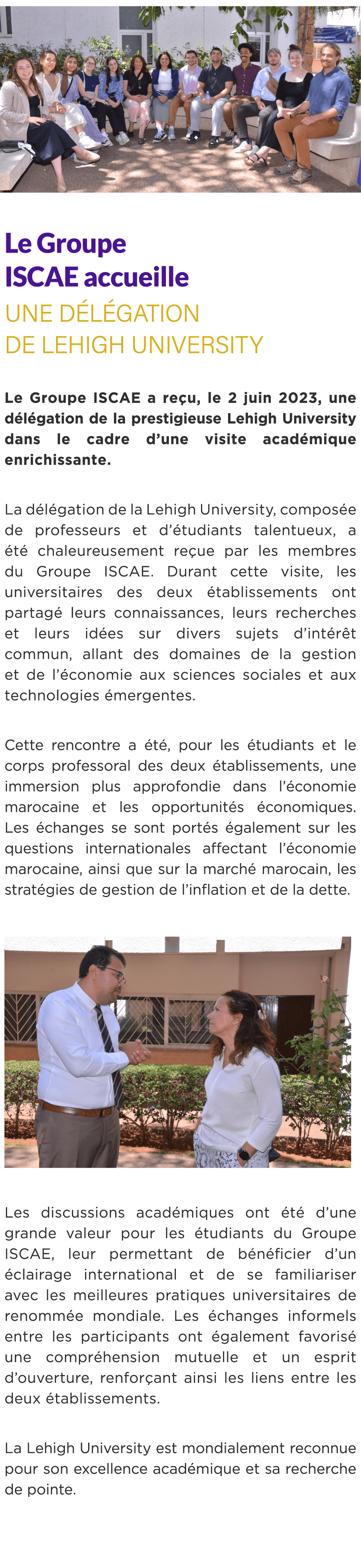  ￼ Le Groupe ISCAE accueille une d l gation de Lehigh University Le Groupe ISCAE a re u, le 2 juin 2023, une d l gati...