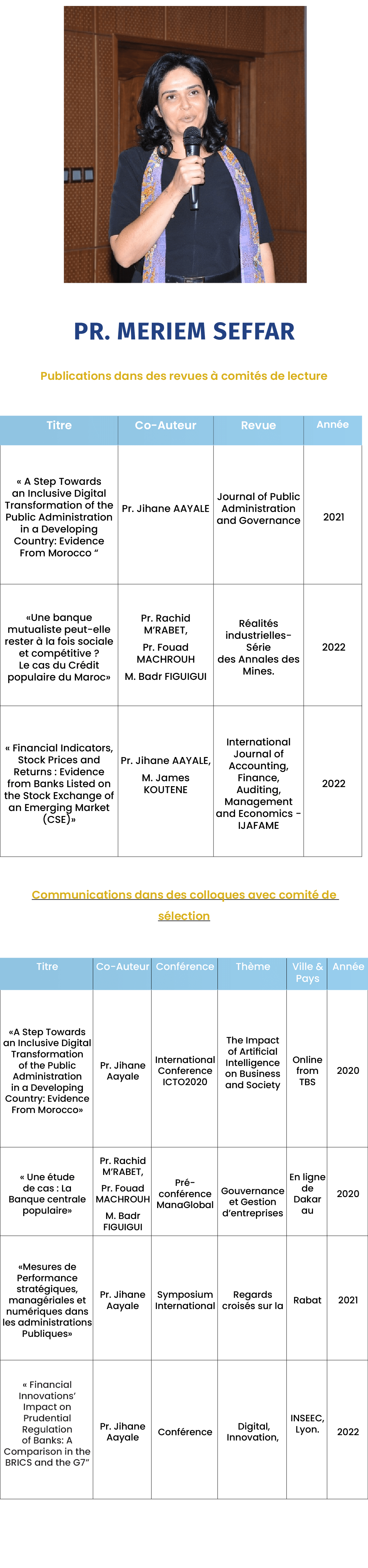  ￼ Pr. Meriem SEFFAR Publications dans des revues  comit s de lecture Communications dans des colloques avec comit  ...