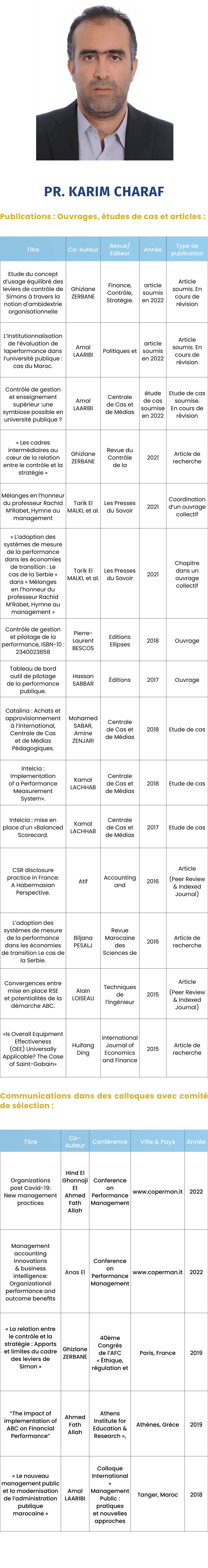  ￼ Pr. Karim CHARAF Publications : Ouvrages, tudes de cas et articles : Communications dans des colloques avec comit...